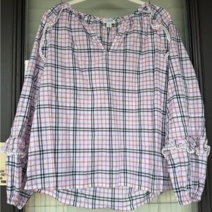 J. Crew Pink and Navy Plaid Blouse with Ruffle Sleeves